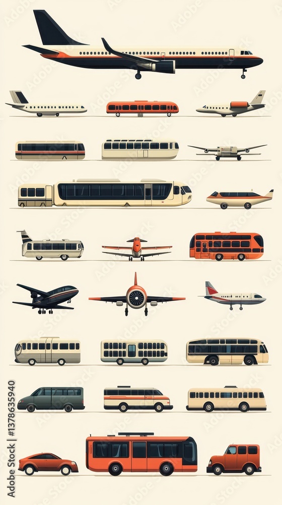 A stylized illustration showcasing various modes of transport, including planes, trains, buses, and cars, arranged in a visually appealing manner. A stylized illustration showcasing various modes of transport, including planes, trains, buses, and cars, arranged in a visually appealing manner.
