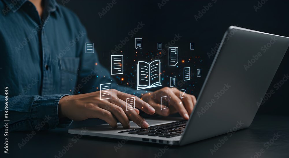 Person typing on a laptop surrounded by document and book icons on a dark background scene view Person typing on a laptop surrounded by document and book icons on a dark background scene view