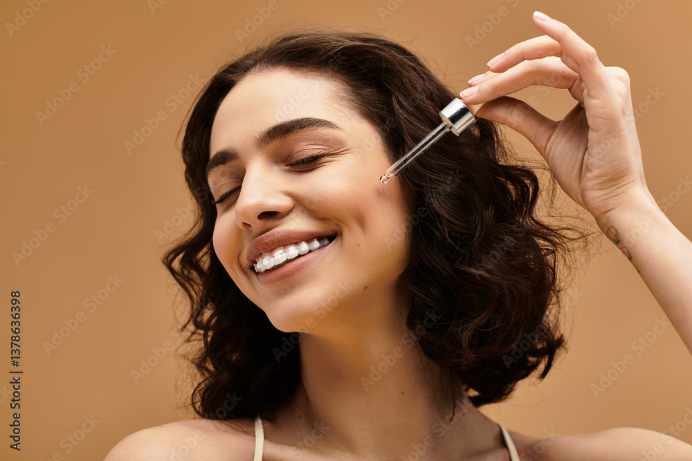 Obraz premium Beauty routine of a confident young woman with braces in a studio setting