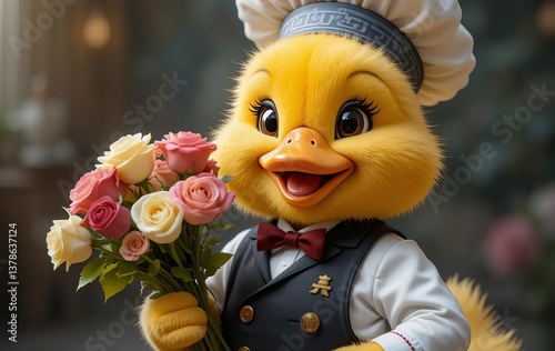 A cartoon duck chef wearing a suit and holding a bouquet of roses