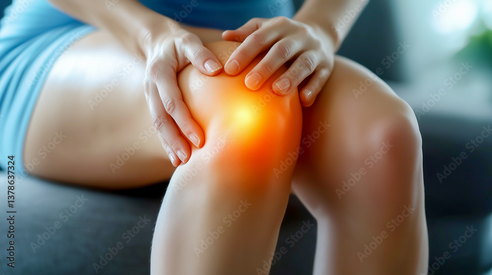 Man holding his knee in pain on white background, with the area of inflammation highlighted in red, emphasizing the joint disease