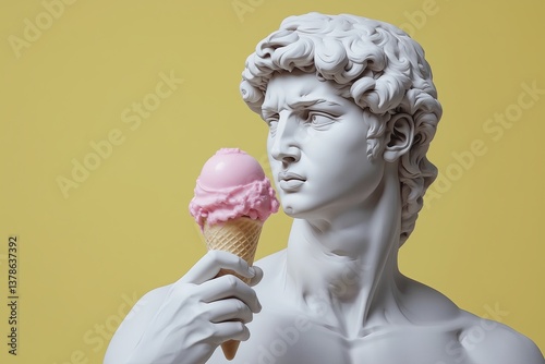 White marble statue of David holding a pink ice cream cone, fashion glamor photo concept