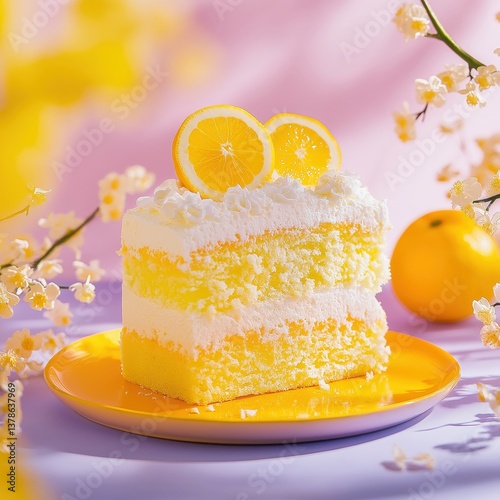 Lemon Cake Slice Dessert with Citrus Frosting and Floral Decoration - Sweet Treat for a Summer Party