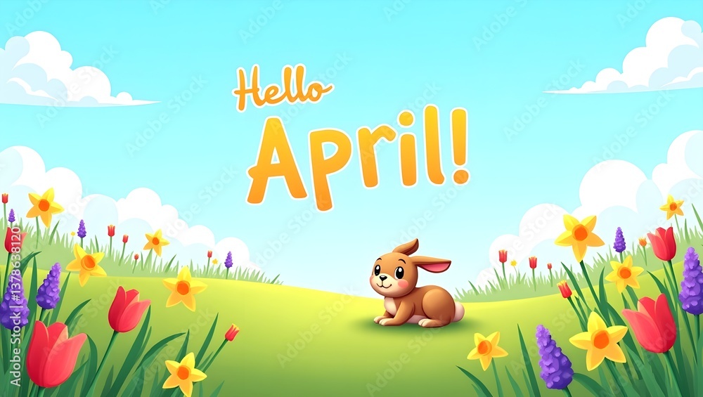 Fototapeta premium Digital illustration of a cute, chubby brown bunny sitting on a grassy hill, surrounded by colorful tulips and daffodils. The sky is a bright blue with fluffy white clouds. The words 