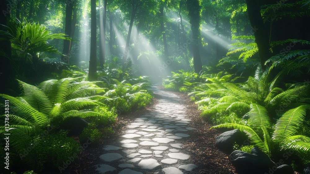 Fototapeta premium Sunbeams illuminate a stone path winding through a lush, misty forest, ferns lining the way.