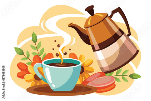 Coffee Pot Pouring Coffee into a Cup with Flowers and Macarons