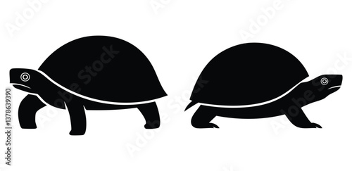 Two black turtle silhouette vector graphic illustration reptile tortoise icon animal pet design drawing art