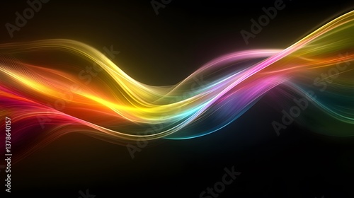 Abstract colorful lines waving across a dark black background in layers