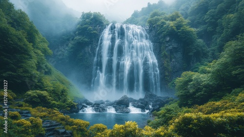Majestic waterfall cascading down mossy cliffs into a serene pool, surrounded by lush greenery and mist.