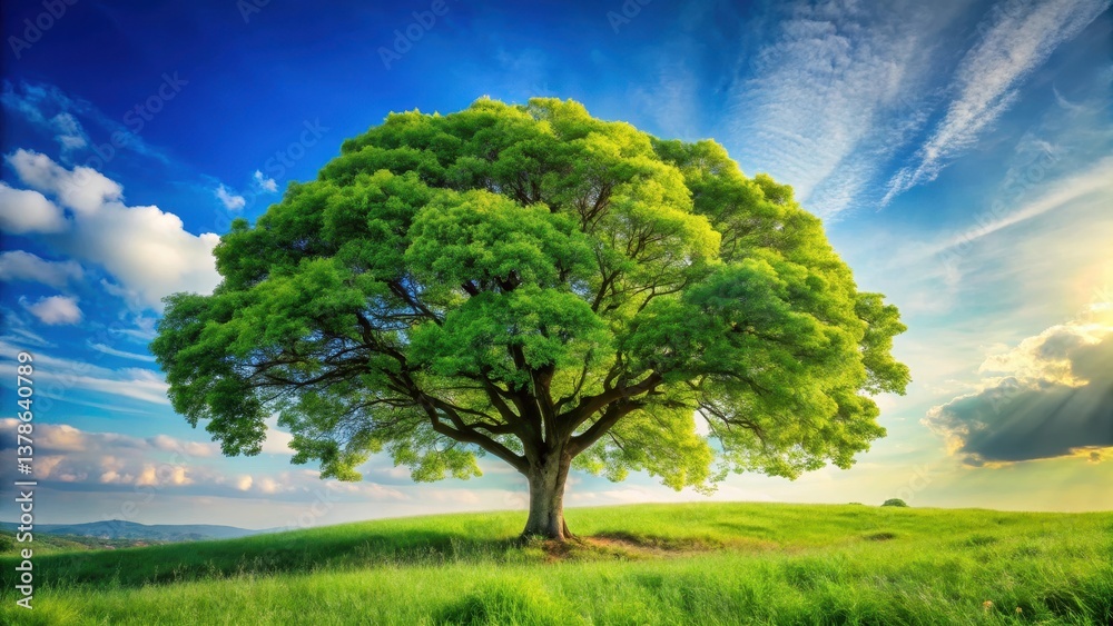 A solitary tree stands amidst a lush carpet of greenery, its branches stretching towards the sky amidst vibrant foliage A solitary tree stands amidst a lush carpet of greenery, its branches stretching towards the sky amidst vibrant foliage