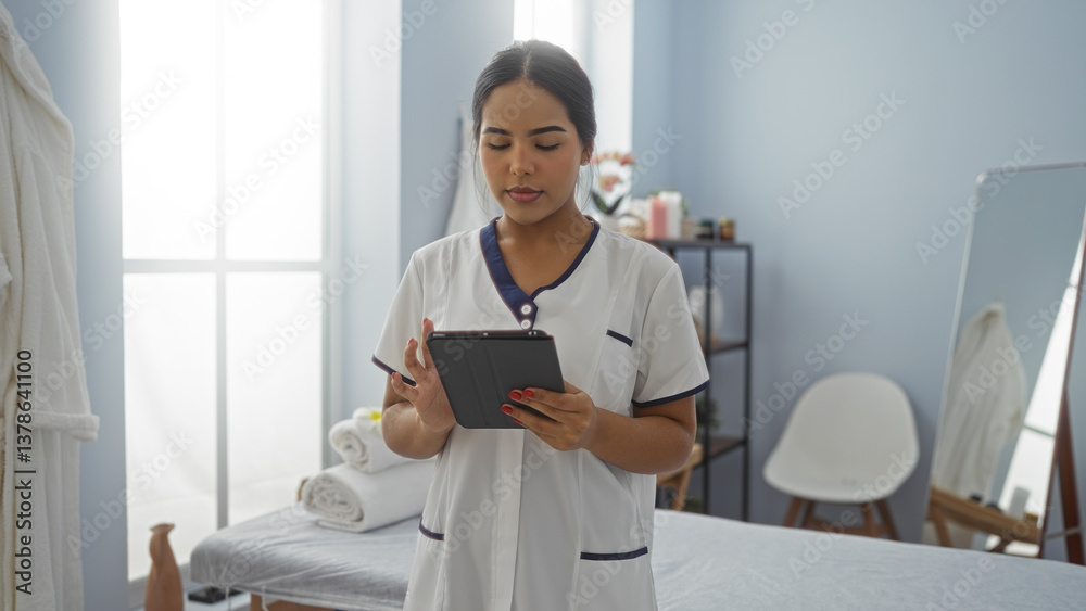 Woman wearing spa uniform uses tablet in serene wellness room, surrounded by towels and furniture, suggesting focus on relaxation and beauty services. Woman wearing spa uniform uses tablet in serene wellness room, surrounded by towels and furniture, suggesting focus on relaxation and beauty services.