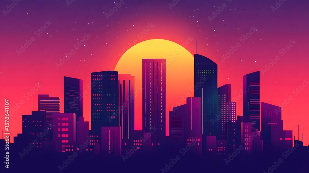 Illuminated Futuristic City Skyline with Glowing Moon at Night Flat Design Illuminated Futuristic City Skyline with Glowing Moon at Night Flat Design