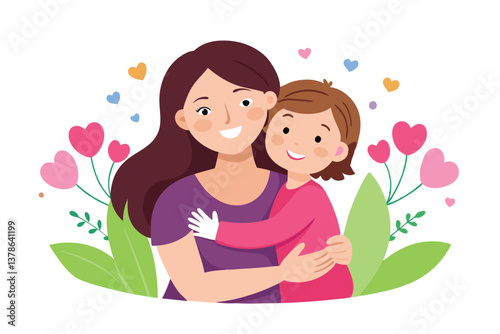 Mother Hugging Daughter, Flat Design, Floral, Heart Details on White Background