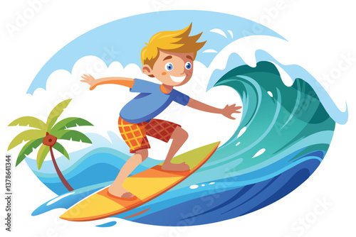 Joyful Blond Boy Surfing on Wave with Yellow Board near Palm Tree