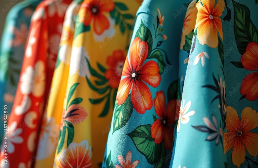 Fototapeta premium Row of colorful Hawaiian shirts with floral patterns. Hawaiian shirt made of soft cotton with tropical flowers. Vibrant colors of red blue yellow. Summer fashion, beach holiday attire, vacation,