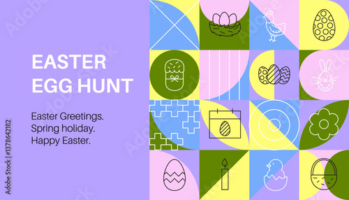 Easter Egg Hunt Banner Line Geometrical. Vector Illustration of Triangular and Polygonal Background. Outline Religious Traditional Holiday Symbols. Christianity Objects.