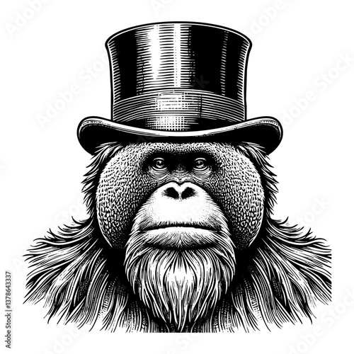 Orangutan wear top hat sketch engraving black and white outline. Scratch board imitation.  illustrated in vintage line art style on a white background.
