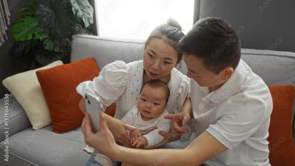Chinese family with mother, father, and baby taking a selfie indoors in a cozy living room setting on a sofa, capturing a moment of love and togetherness. Chinese family with mother, father, and baby taking a selfie indoors in a cozy living room setting on a sofa, capturing a moment of love and togetherness.