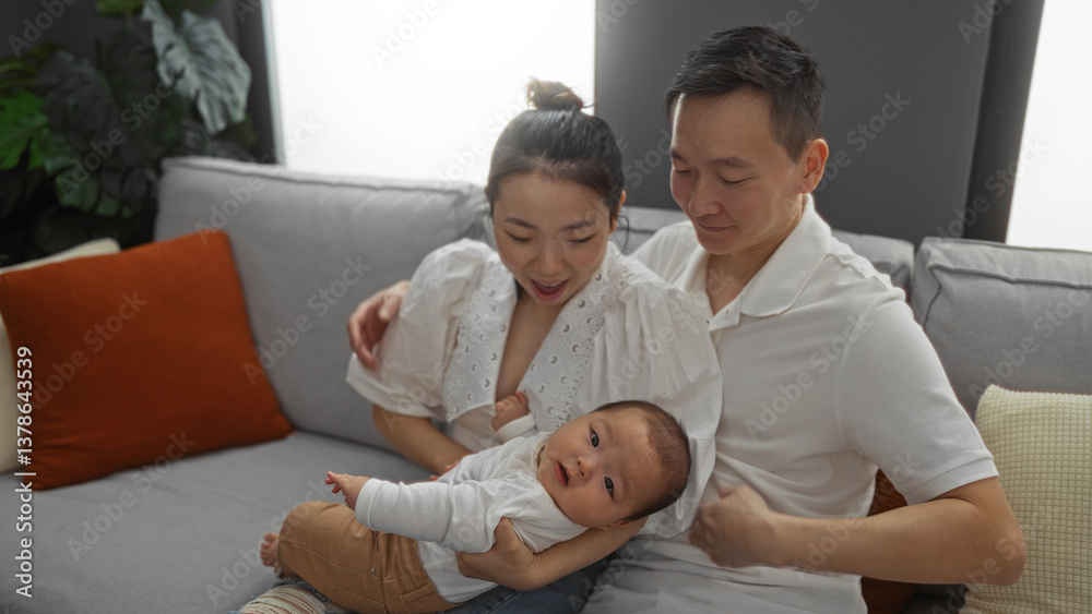 Mother, father, and baby boy in living room share a moment of love and joy as they sit together on a cozy sofa in their home. Mother, father, and baby boy in living room share a moment of love and joy as they sit together on a cozy sofa in their home.