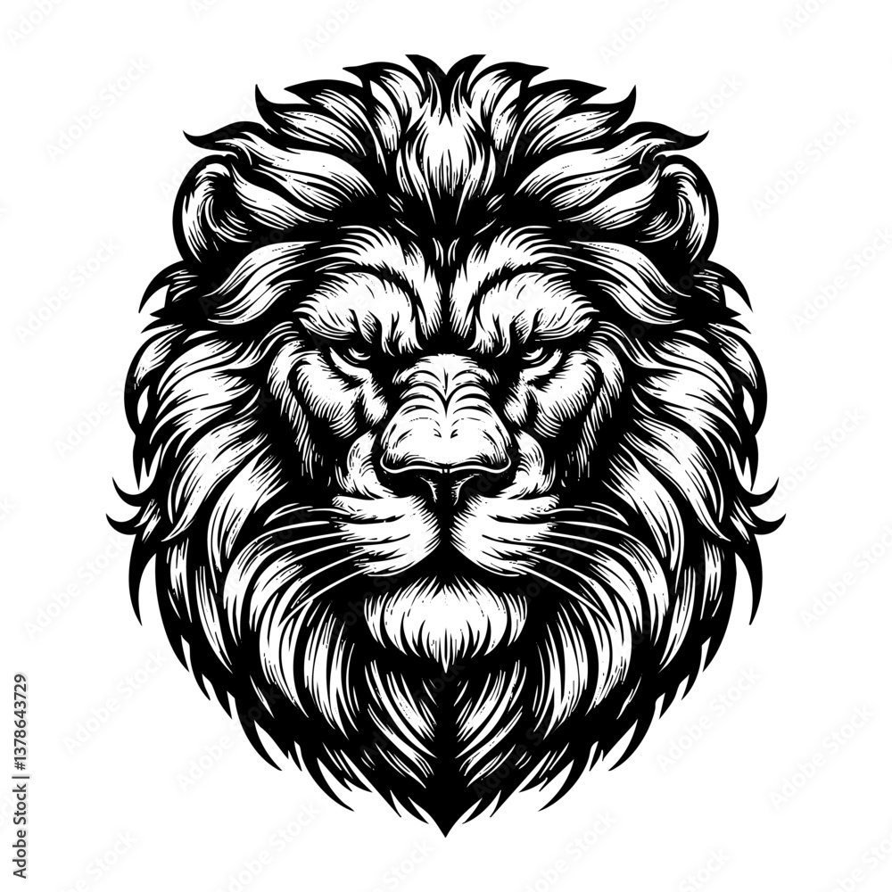 Obraz premium Lion portrait sketch engraving black and white outline. Scratch board imitation. illustrated in vintage line art style on a white background.