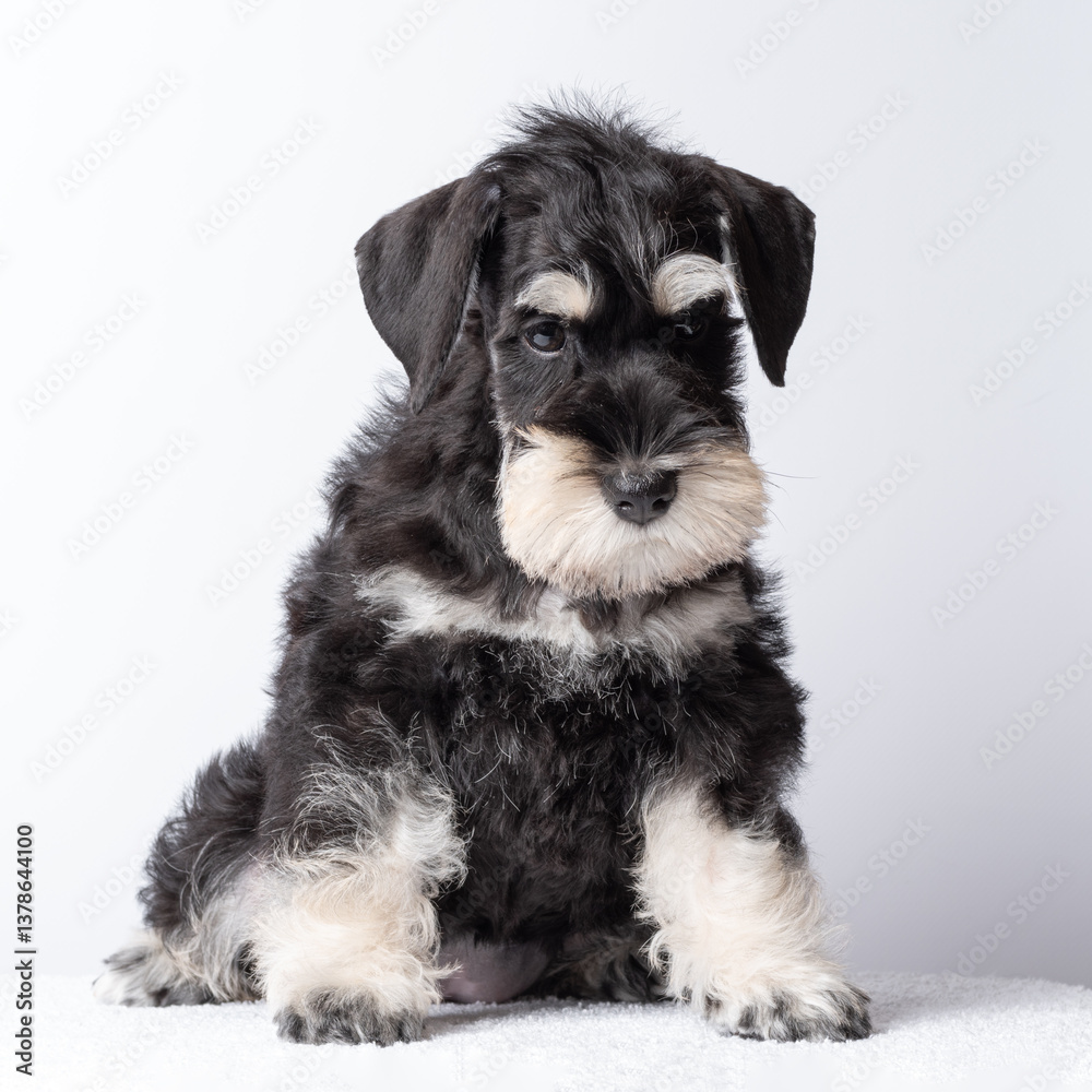 Cute black and white schnauzer puppy sitting calmly, realistic photo style, on plain light background, concept of pet love and companionship Cute black and white schnauzer puppy sitting calmly, realistic photo style, on plain light background, concept of pet love and companionship
