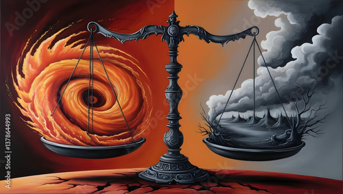 A balance scale depicting the contrast between fire and storms, symbolizing the balance of opposing forces