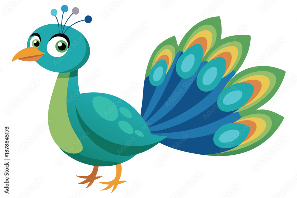 Fototapeta premium Vibrant Cartoon Peacock with Feathers and Detailed Eyes on a Transparent Background