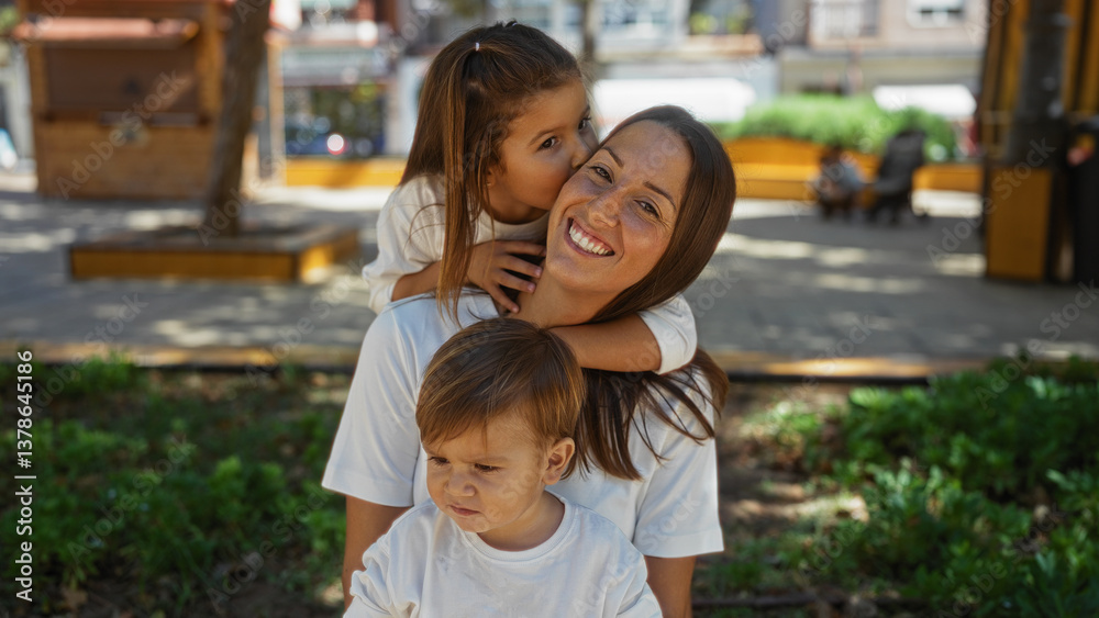 Woman smiling with two children in urban park, showcasing love and family joy in a vibrant city setting, with a daughter hugging and a son sitting peacefully.
