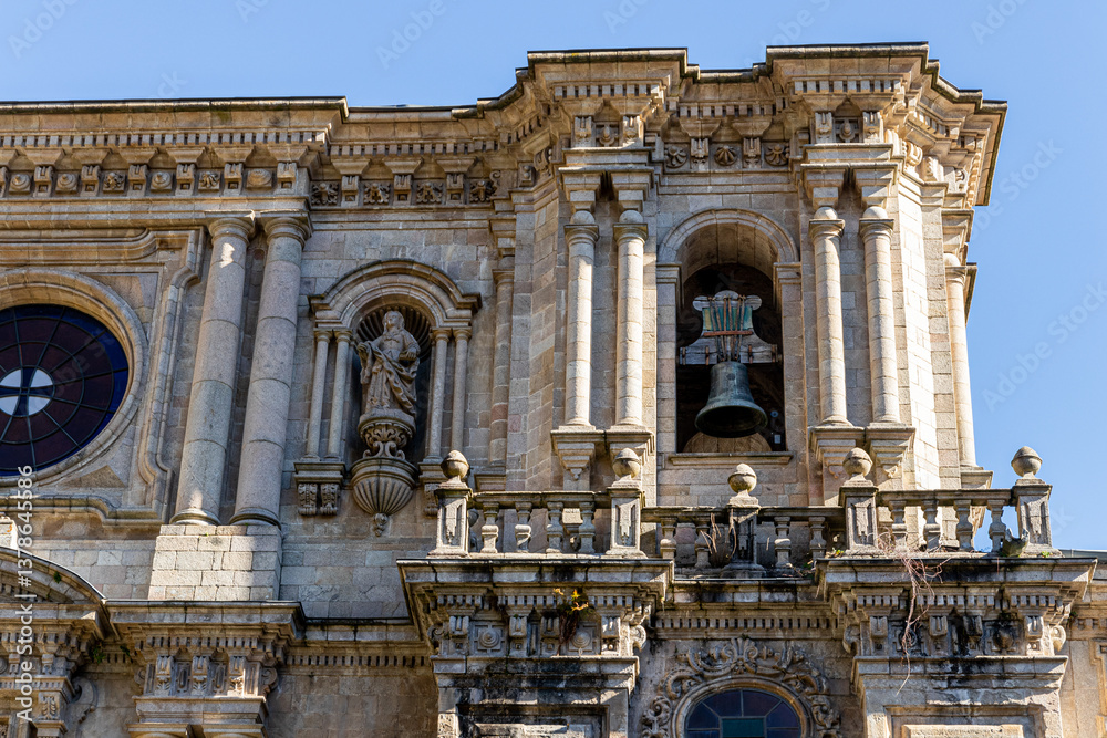 Samos, Spain. Main facade in Renaissance and Baroque styles of the Monastery of San Xulian, an active Benedictine monastery in Galicia