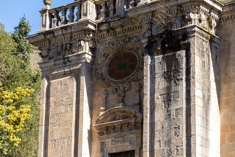 Samos, Spain. Main facade in Renaissance and Baroque styles of the Monastery of San Xulian, an active Benedictine monastery in Galicia