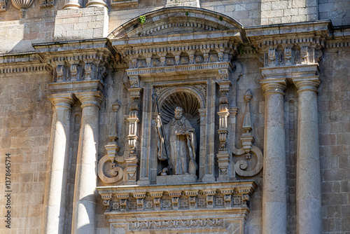 Samos, Spain. Main facade in Renaissance and Baroque styles of the Monastery of San Xulian, an active Benedictine monastery in Galicia