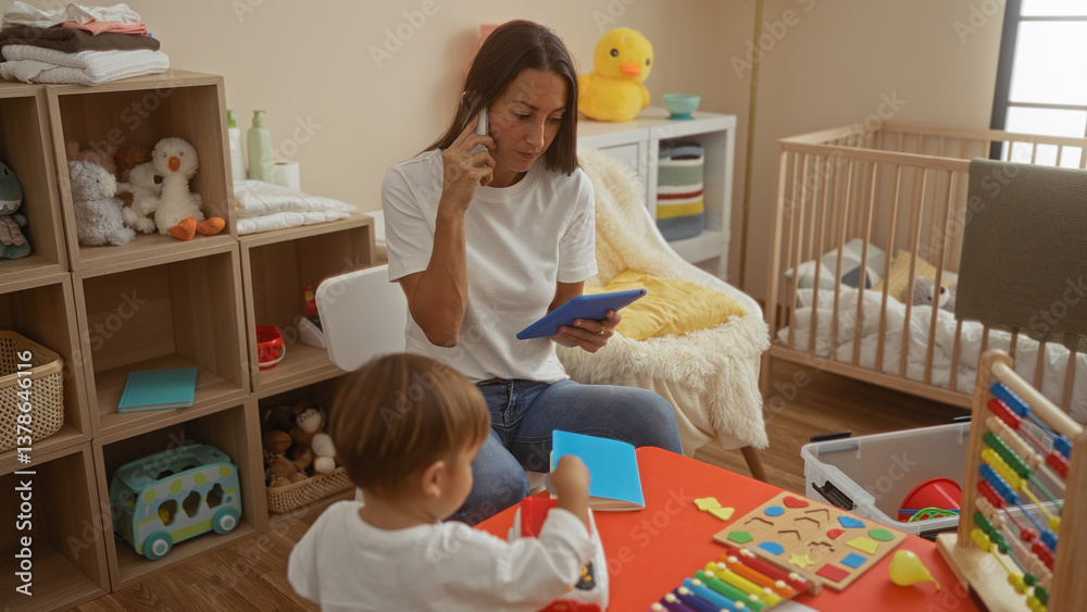 Woman multitasks in bedroom watching child play at table with toys while using phone and tablet in cozy home setting. Woman multitasks in bedroom watching child play at table with toys while using phone and tablet in cozy home setting.