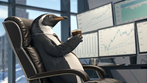 CEO Penguin sitting in a premium leather office chair, sipping espresso while reviewing company performance charts.