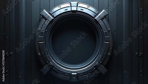 Futuristic metallic circular gate against dark background. Sci-fi portal design, space ship elements, innovative tech. Abstract mechanical engineering structure.