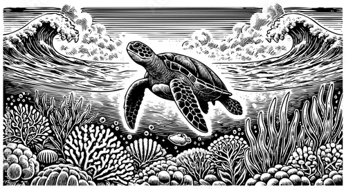 Sea turtle engraving black and white outline. Scratch board imitation.  illustrated in vintage line art style on a white background.

