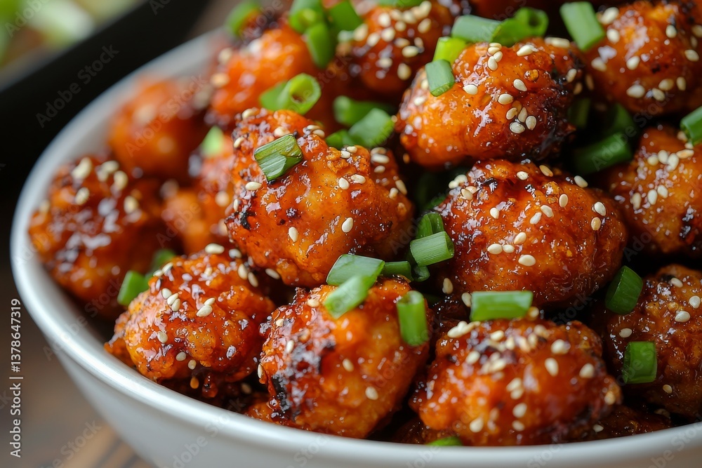 Crispy Spicy Korean Fried Chicken Bites with Green Onions and Sesame Seeds Crispy Spicy Korean Fried Chicken Bites with Green Onions and Sesame Seeds