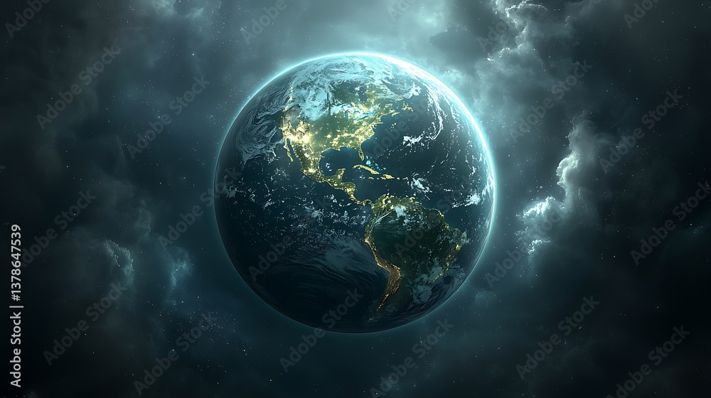 Obraz premium Earth Planet Night Dramatic Clouds City Lights Global Environment