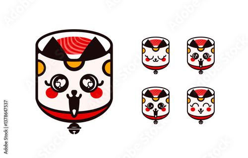 Sushi mascot logo, maneki-neko lucky cat kawaii, Cute expressions Japanese aesthetics, vector, branding, illustration