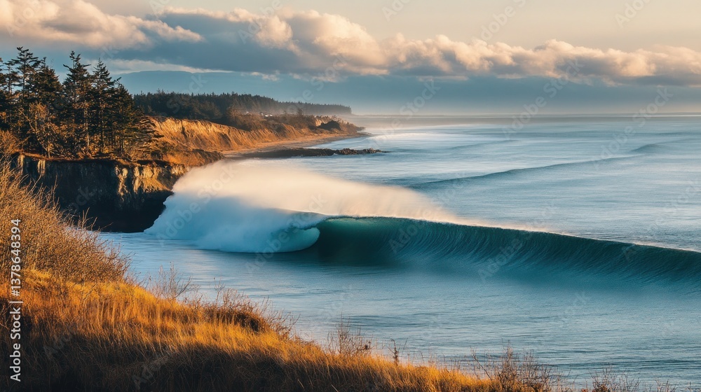 Obraz premium Majestic Ocean Wave Crashing on Coastline at Sunset