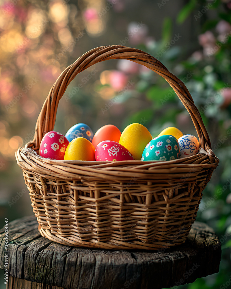 Naklejka premium Easter poster with basket of colored eggs