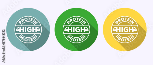 High protein icon, High protein label design, Nutrition healthy eating badge in shadow button design