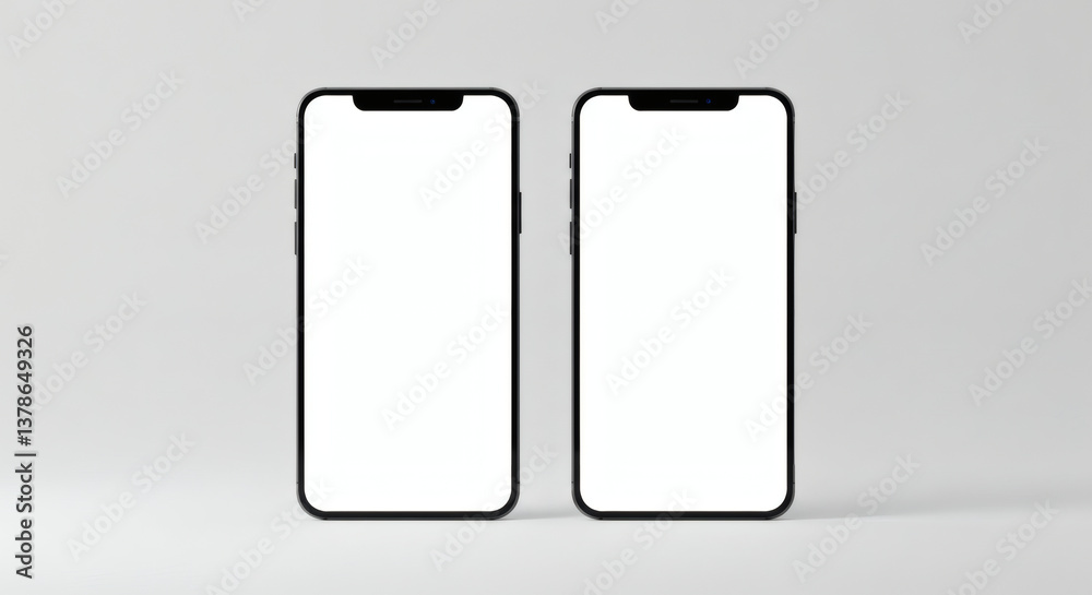 Two Smartphone Mockups with Blank White Screens on a Neutral Gray Background Perfect for App Presentation or UI Design Two Smartphone Mockups with Blank White Screens on a Neutral Gray Background Perfect for App Presentation or UI Design