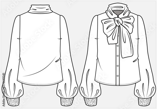 LONG SLEEVES FORMAL CORPORATE WEAR SHIRT WITH PUSSY TIE UP BOW DESIGNED FOR WOMEN IN VECTOR FILE