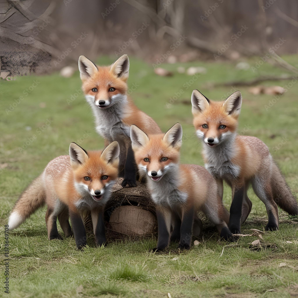 Fototapeta premium Fox kits playing near their den in spring