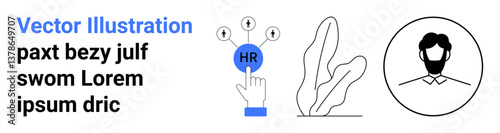 HR button with a hand selecting, surrounded by connections, a user profile icon, and leaf graphics. Ideal for HR tools, online recruitment, workforce management, digital platforms, teamwork modern