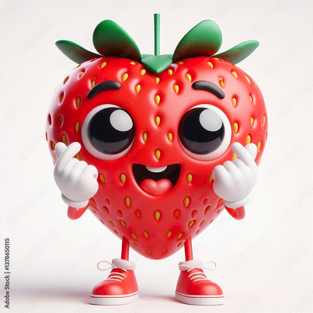 Fototapeta premium Cute character 3D image of a hyperreal strawberry character with funny laughing, hands and legs, on a white background