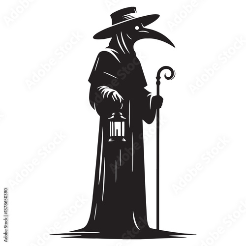 Silent Guardian Gothic Plague Doctor Statue silhouette, standing watch over the sick - Plague Doctor illustration - Plague Doctor vector - Gothic silhouette

