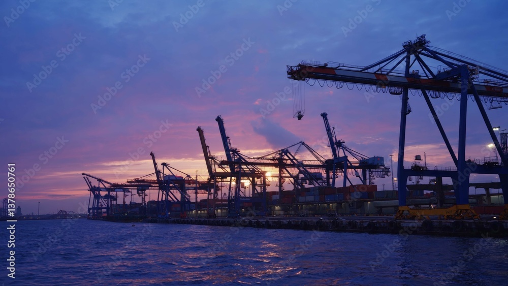 A breathtaking view of idle shipping cranes at a port during sunset, with calm waters reflecting vibrant sky colors and creating a tranquil ambiance. A breathtaking view of idle shipping cranes at a port during sunset, with calm waters reflecting vibrant sky colors and creating a tranquil ambiance.