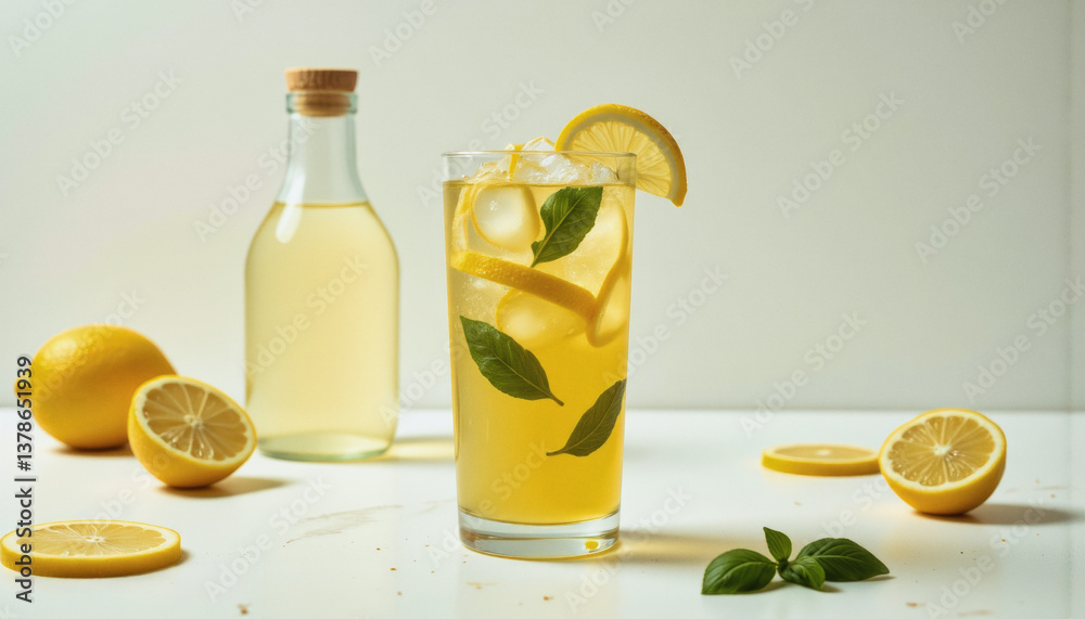 Fototapeta premium Modern food photo advertisement: A refreshing glass of lemonade with lemon slices and basil sits in front of a bottle of lemonade, accented by scattered lemons and basil leaves on a white surface.