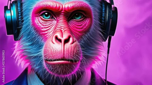 Close up to a futuristic and stylish gorilla, dressed in a blue jacket and headphones and enjoying the music.